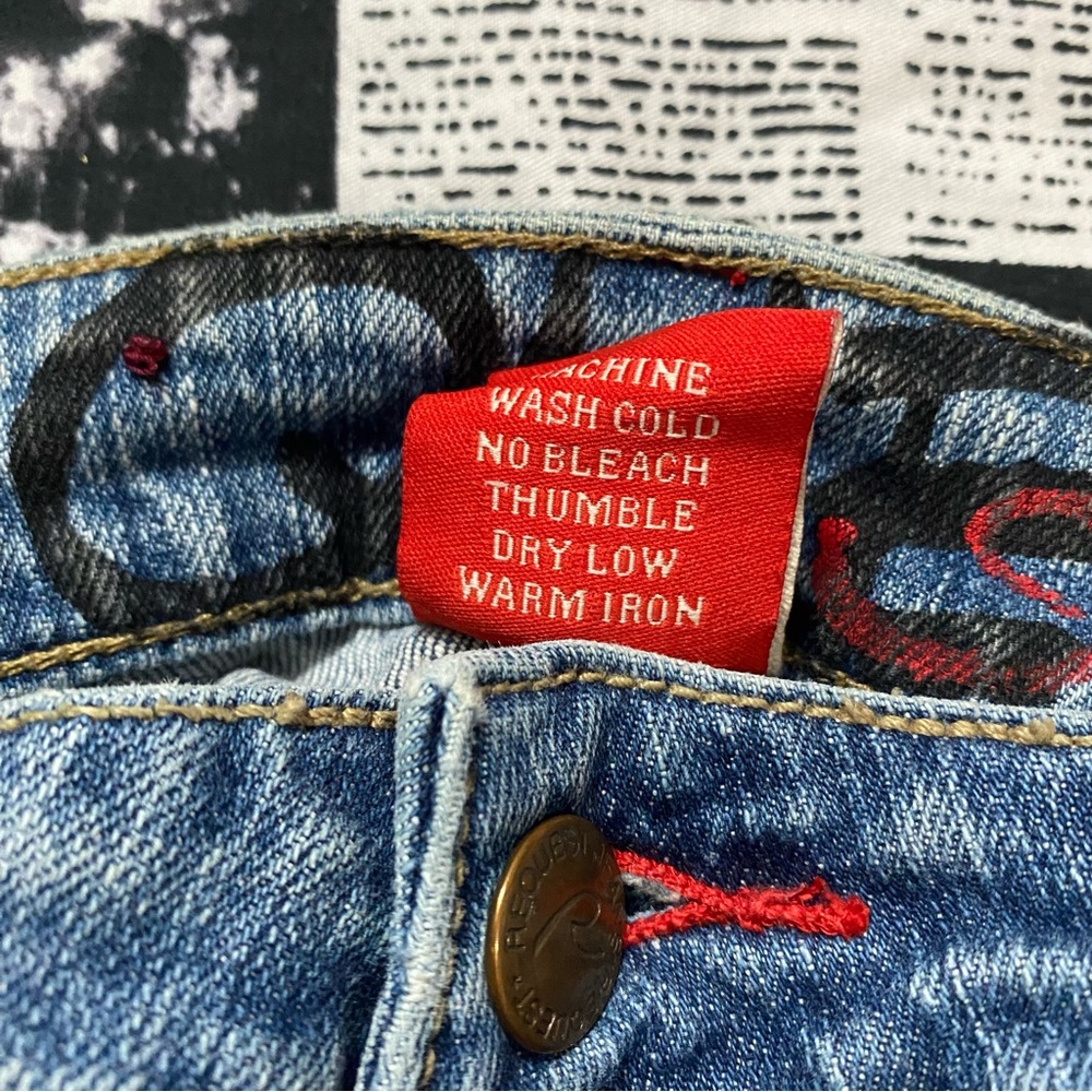 Request y2k 2009s womens skater grunge graffiti print jeans low rise bootcut - Picture 8 of 8
